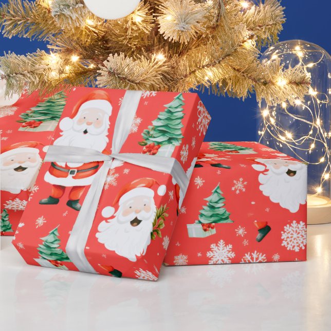 Papel De Presente Papais noeis Árvores Flocos de Neve Natal Vermelho (Feriados)