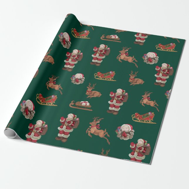 Papel De Presente Papais noeis clássicos e padrão de rena (Desenrolado)