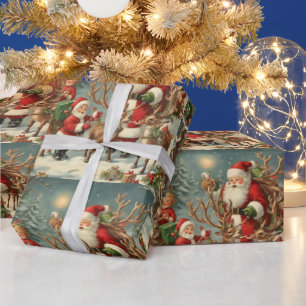 Papel De Presente Papais noeis com crianças, renas e presentes