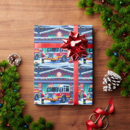 Papel De Presente Papais noeis de Caminhão de Fogo e Árvore de Natal