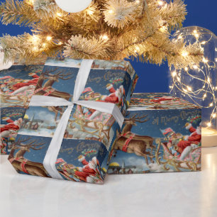 Papel De Presente Papais noeis de colheita em Sleigh voando sobre a