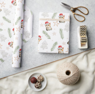 Papel De Presente Papais noeis de gatinhos de cor aquosa verde Feliz