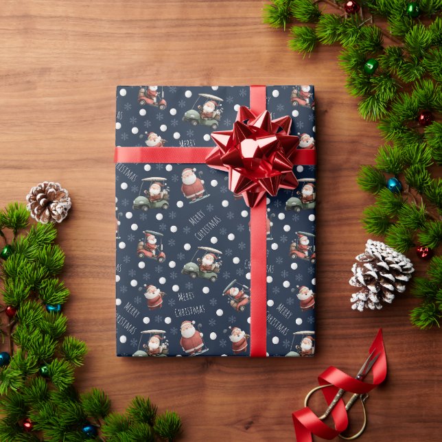 Papel De Presente Papais noeis de golfe no Marinho azul (Presente de Natal)