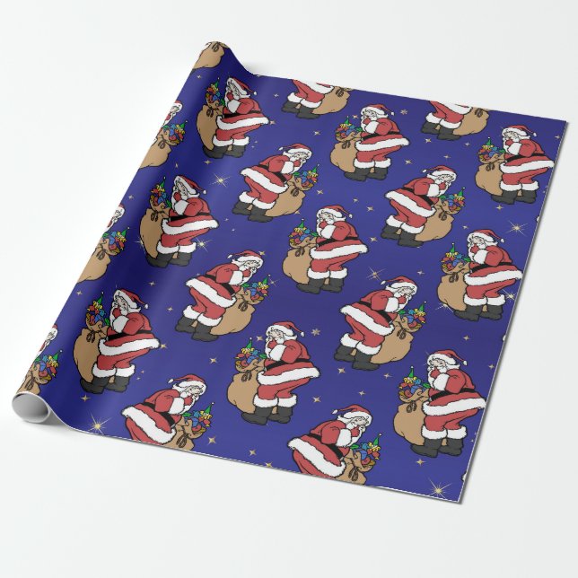 Papel De Presente Papais noeis de Natal com Brinquedos em Azul (Desenrolado)