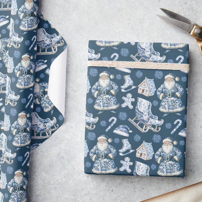 Papel De Presente Papais noeis de Natal da Chinoiserie Azul e Branca (Criador carregado)