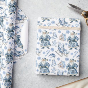 Papel De Presente Papais noeis de Natal da Chinoiserie Azul e Branca