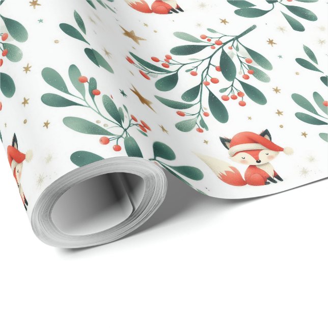 Papel De Presente Papais noeis de Natal fofos fox wreath (Ponta do rolo)