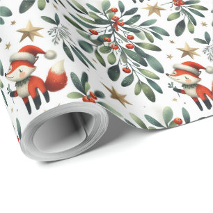 Papel De Presente Papais noeis de Natal fofos fox wreath
