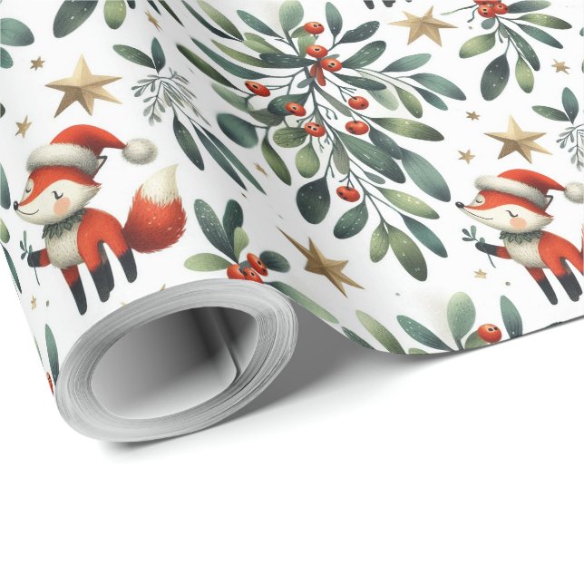 Papel De Presente Papais noeis de Natal fofos fox wreath (Ponta do rolo)