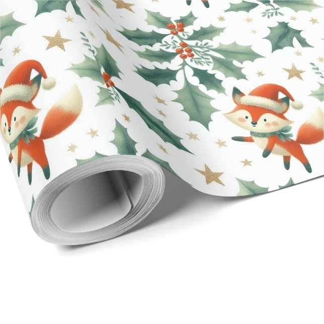 Papel De Presente Papais noeis de Natal fofos fox wreath (Ponta do rolo)