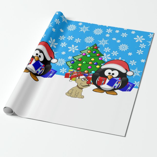 Papel De Presente Papais noeis de pinguim e cão-de-rena (Desenrolado)