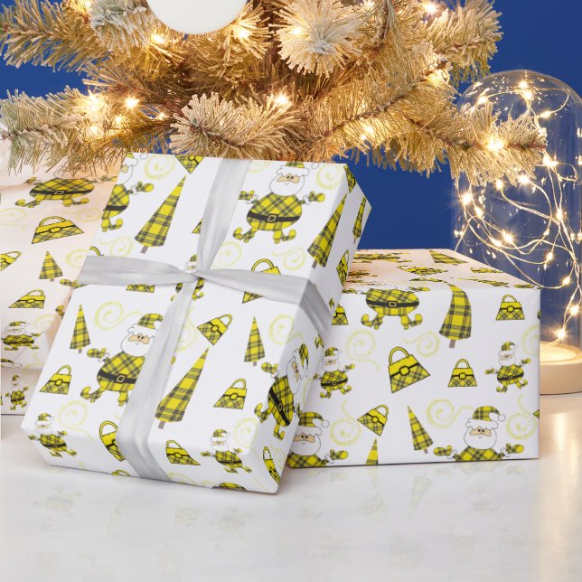 Papel De Presente Papais noeis De Tartan Amarelo Chic Com Bolas (Feriados)