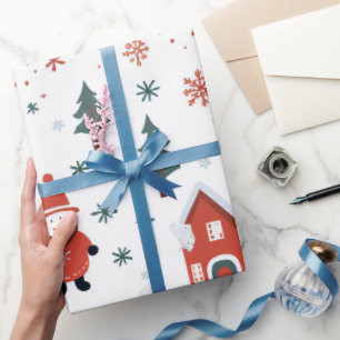 Papel De Presente Papais noeis e árvore de xmas, brancos e vermelhos