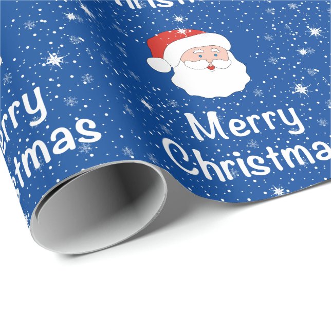 Papel De Presente Papais noeis e flocos de neve sobre fundo azul (Ponta do rolo)