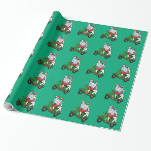 Papel De Presente Papais noeis e Sra. Claus andando em patinete