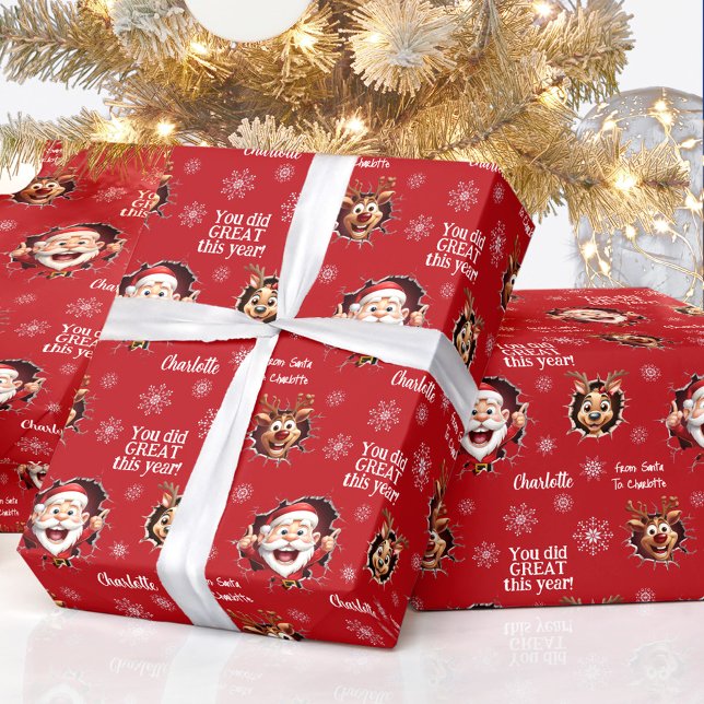 Papel De Presente Papais noeis Engraçados Rebeldes Nome Rapariga Nat (Funny Santa Reindeers Girl Name Red Christmas Wrapping Paper)