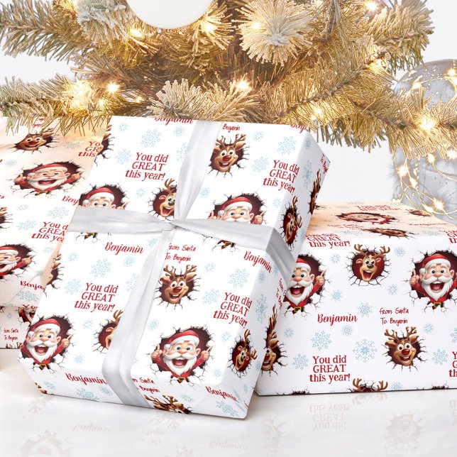 Papel De Presente Papais noeis Engraçados Renas Nome Texto Natal (Funny Santa Reindeers Name Text Christmas Wrapping Paper)