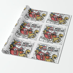 Papel De Presente Papais noeis engraçados, Sleigh e T-rex Dinossaur