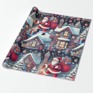 Papel De Presente Papais noeis entregando presentes na chaminé