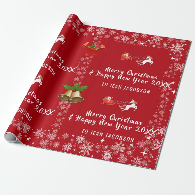Papel De Presente Papais noeis Fofos Unicorn Script Moderno Holly Pe (Desenrolado)