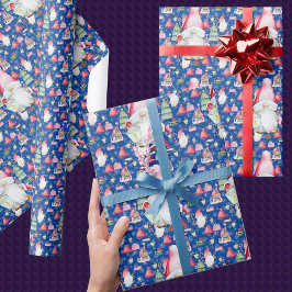 Papel De Presente Papais noeis Gnome para Natal Padrão Azul