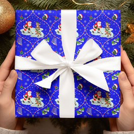 Papel De Presente Papais noeis Jogando Hóquei no Gelo Padrão Azul