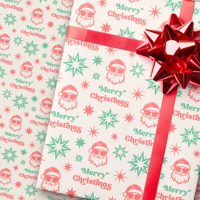 Papel De Presente Papais noeis legal retro Feliz Natal verde pálido (Cool Santa retro Merry Christmas pale red green Wrapping Paper)