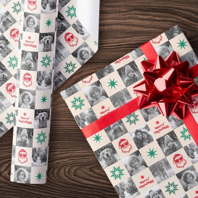Papel De Presente Papais noeis legal retrorados Foto de Natal Feliz  (Cool Santa retro Merry Christmas photo red green Wrapping Paper)
