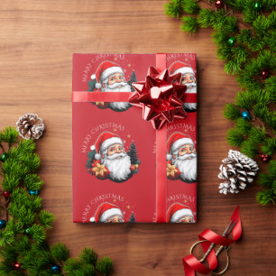 Papel De Presente Papais noeis Natal Árvore Vermelha Feliz Natal