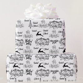 Papel De Presente Papais noeis Pretos de Natal Branco Personalizam N