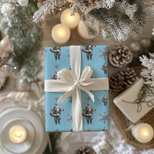 Papel De Presente Papais noeis Pretos e Brancos Linha Arte Azul