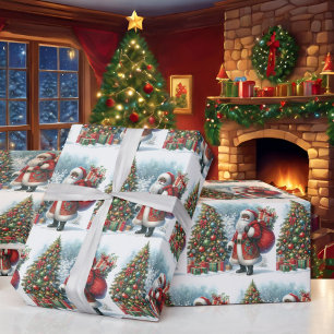 Papel De Presente Papais noeis pretos na árvore e presentes de Natal