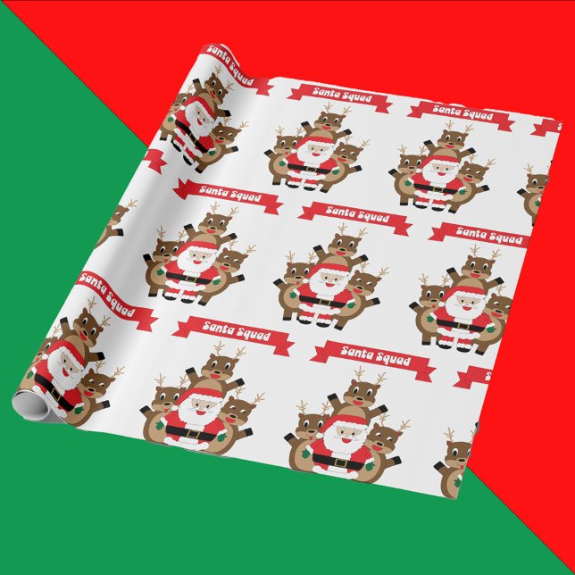 Papel De Presente Papais noeis Rebelde de Natal Esquadrão Engraçado (Wrapping paper with a funny pattern of Santa & reindeer with a banner that says Santa Squad.)