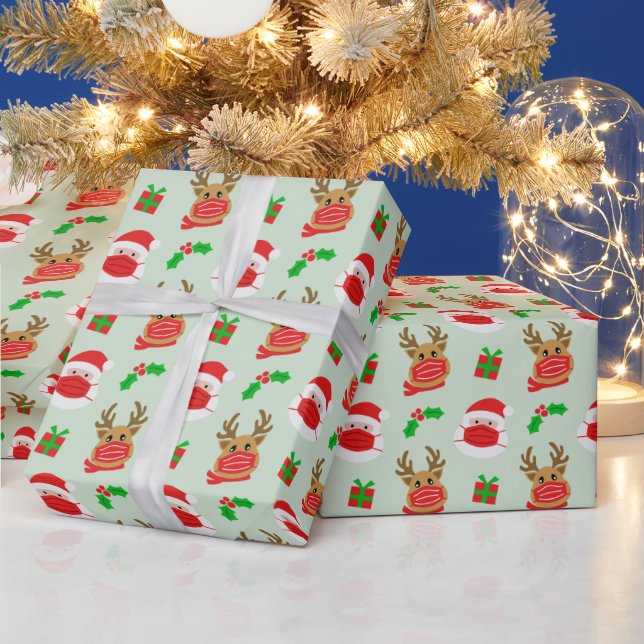 Papel De Presente Papais noeis Reindeer Face Máscara Verde Natal (Feriados)