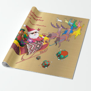 Papel De Presente Papais noeis Sleigh Reindeers Personalizam o Natal