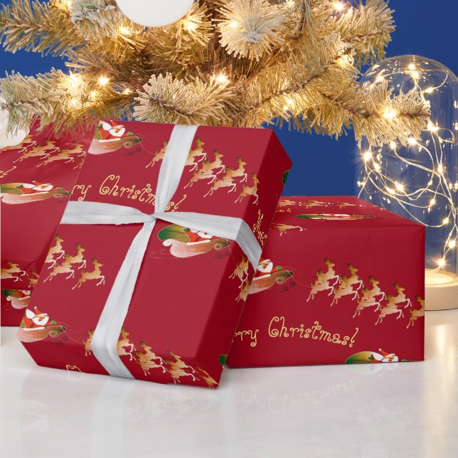 Papel De Presente Papais noeis Sleigh Text em Vermelho (Feriados)