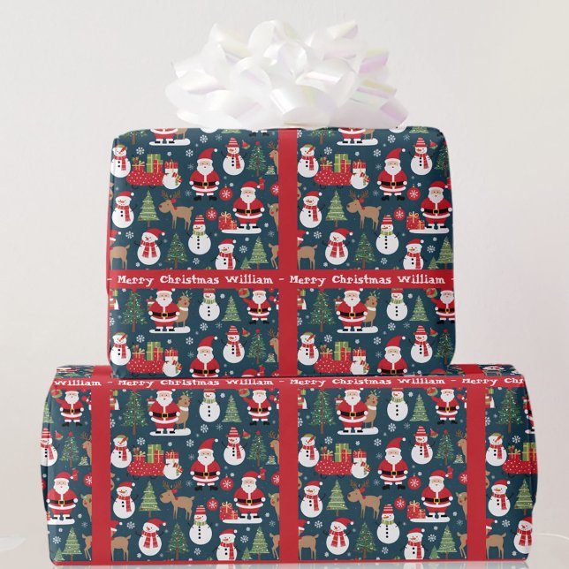 Papel De Presente Papais noeis Snowman Adicione Nome e Texto Feliz N (Criador carregado)