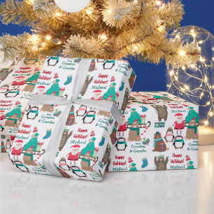 Papel De Presente Papais noeis, Ursos e Pinguins Natal Personalizado