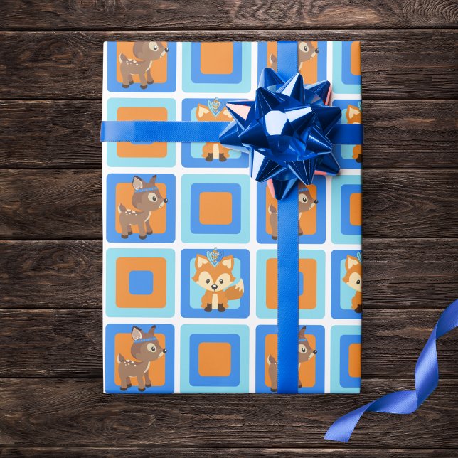 Papel De Presente Papel Azul de Acondicionamento de Florestas de Flo (Adorable Woodland Animal Wrapping Paper in of Blue, Orange and Brown. Features a Fox and Deer)