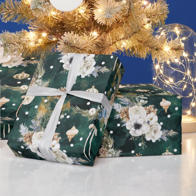 Papel De Presente Papel branco de Natal padrão de flores brancas (Feriados)