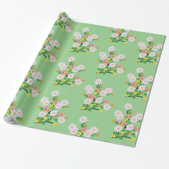 Papel De Presente Papel Brilhante, Borboleta Floral Verde (Desenrolado)