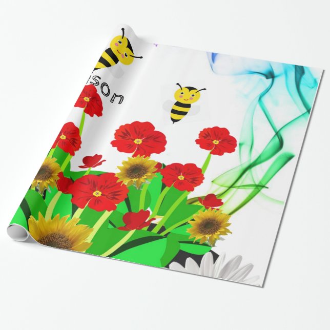 Papel De Presente Papel Brilhante, Bumblebee Floral (Desenrolado)