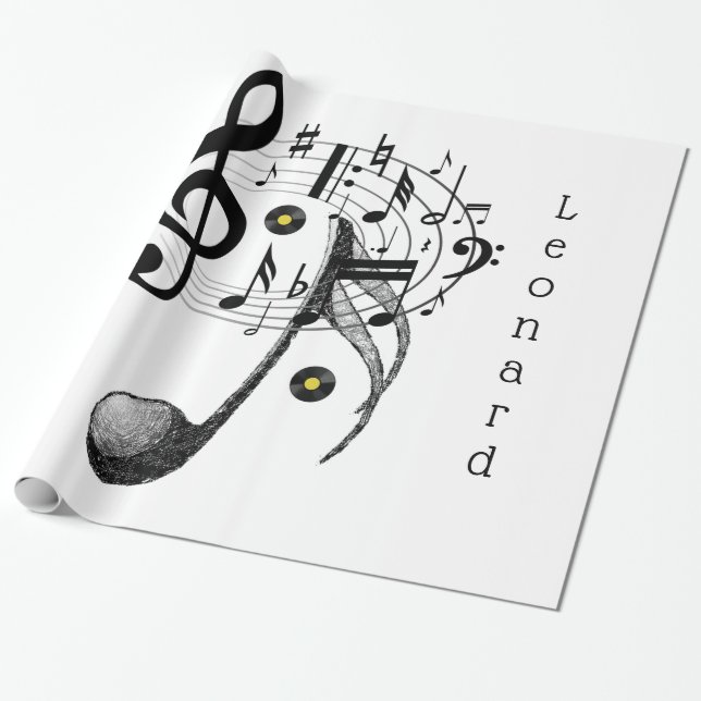 Papel De Presente Papel brilhante, notas de música em preto e branco (Desenrolado)