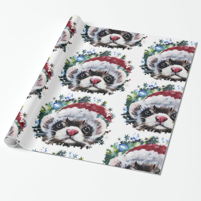 Papel De Presente Papel de embalagem de Natal Ferret & Santa Hat (Desenrolado)