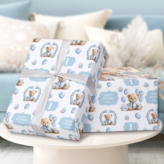 Papel De Presente Papel de embrulhamento do nome do primeiro anivers (Cute Bear Blue 1st Birthday Name Wrapping Paper)