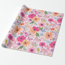 Papel de embrulho, flores cor-de-rosa e borboletas