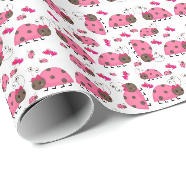 Papel De Presente Papel de empacotamento brilhante Ladybug cor-de-ro (Ponta do rolo)