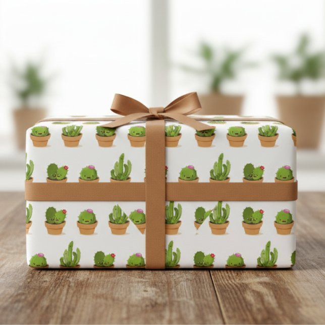 Papel De Presente Papel de empacotamento de caracteres de cacto adap (Adorable Cactus Characters Wrapping Paper)