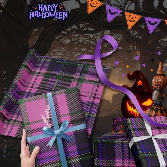 Papel De Presente Papel de enrolamento de Dia das Bruxas com Xadrez  (Purple & Pink Plaid Halloween Wrapping Paper)
