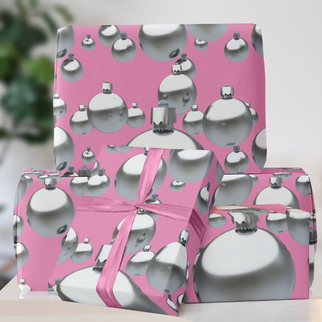 Papel De Presente Papel de enrolamento de Natal em prata rosa (A bold pink and silver Christmas Ornament pattern gift wrap just for you)